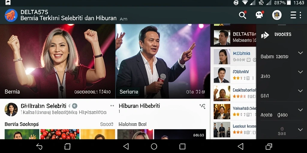 Antarmuka aplikasi DELTA575 menampilkan berita dan informasi selebriti terkini.