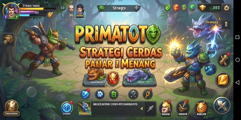Antarmuka menarik dari PRIMATOTO yang menunjukkan elemen strategi dan taktik.