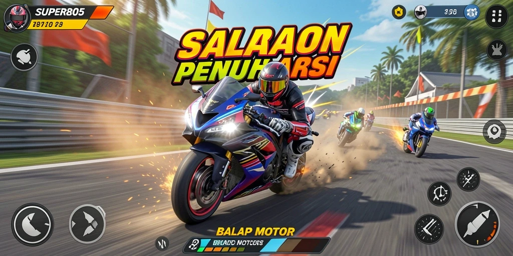 Tampilan antarmuka permainan Balap Motor yang menarik dan dinamis.